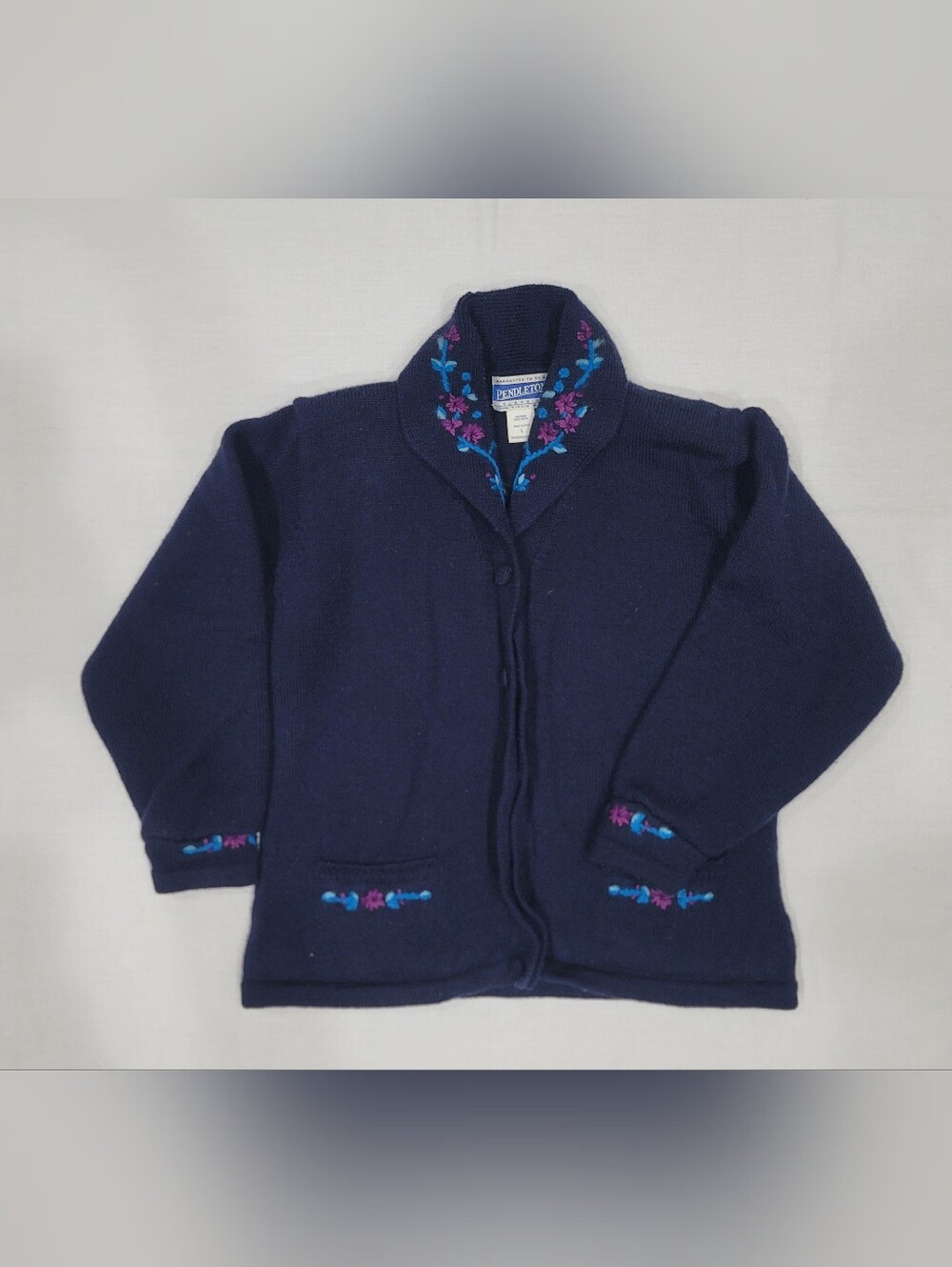 Pendleton Navy Wool Cardigan with Pink and Blue Floral Embroidery